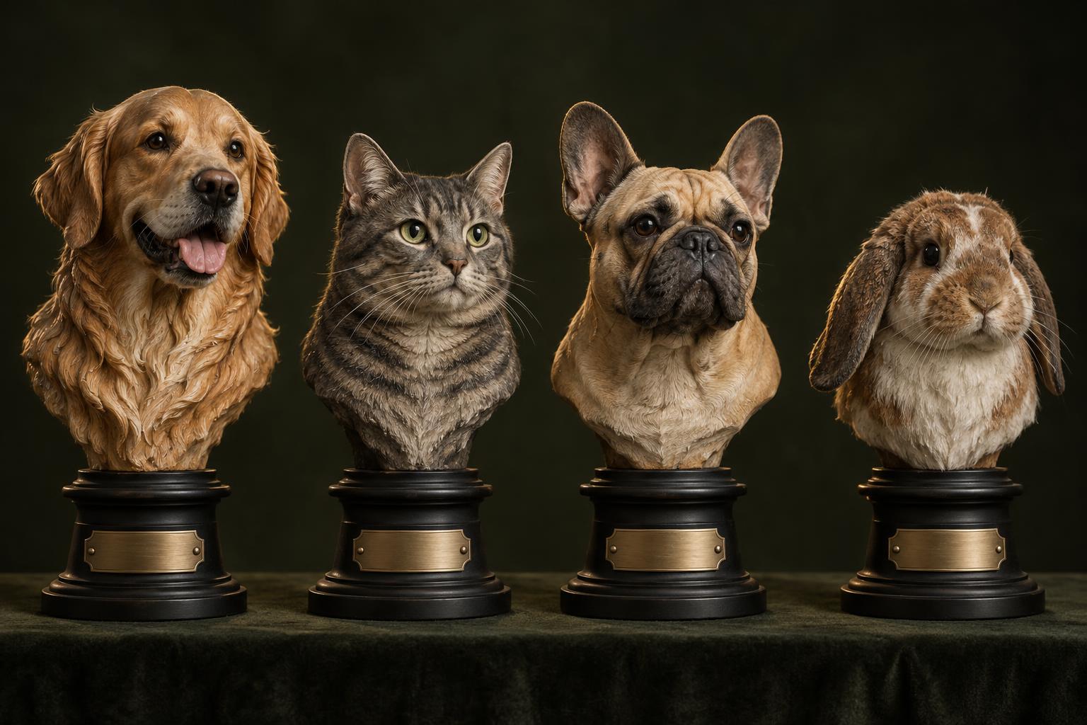 Four hand-painted pet busts in a row