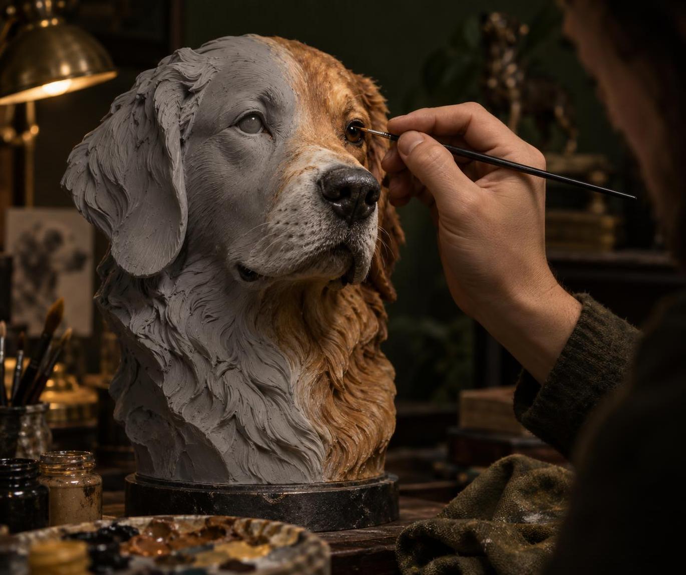 Artist hand-painting the eye of a resin dog bust